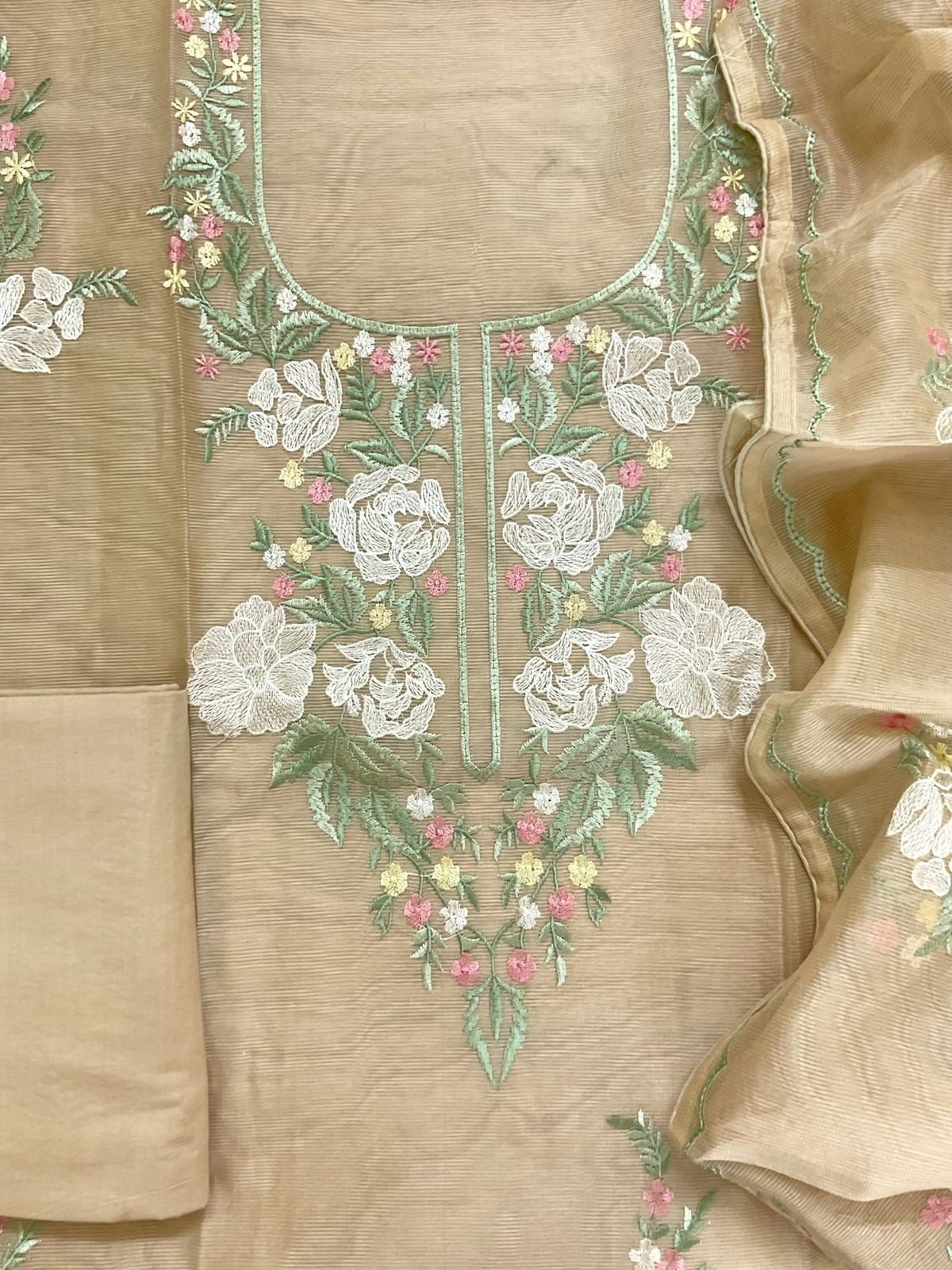 Soft Fine Supernet Embroidered Suit - Beige