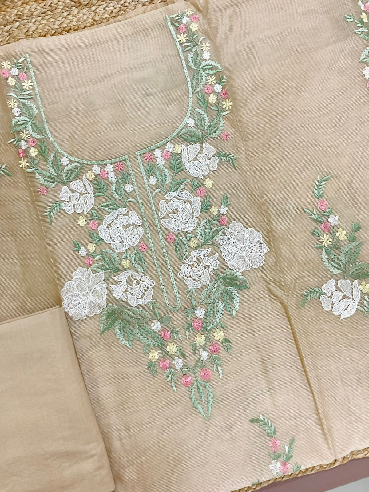 Soft Fine Supernet Embroidered Suit - Beige