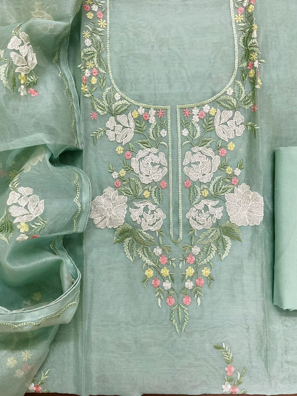 Soft Fine Supernet Embroidered Suit - Green
