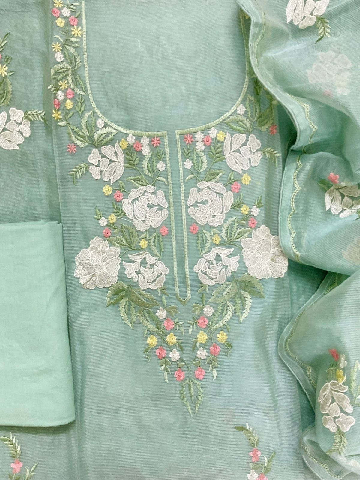 Soft Fine Supernet Embroidered Suit - Green