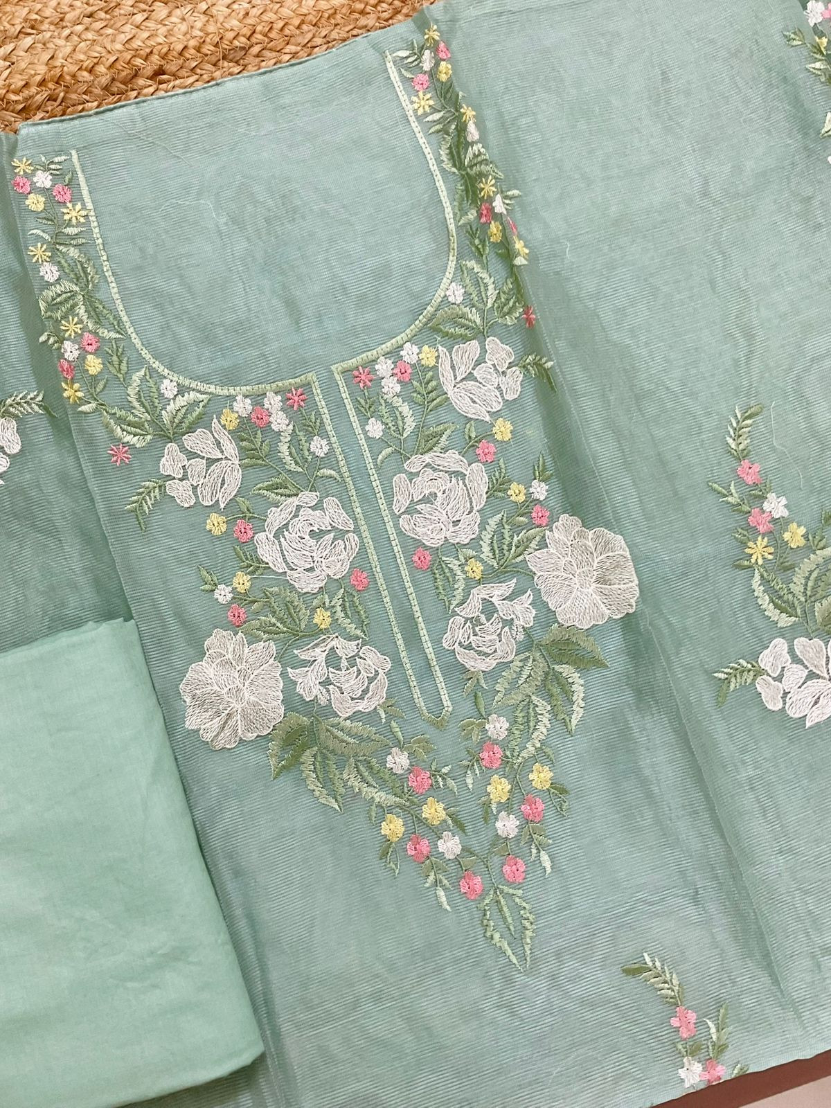 Soft Fine Supernet Embroidered Suit - Green