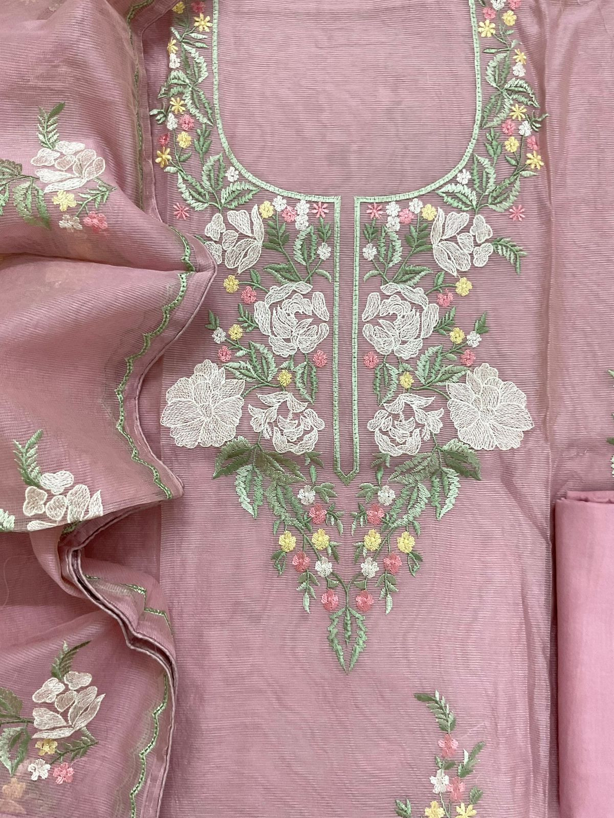 Soft Fine Supernet Embroidered Suit - Pink