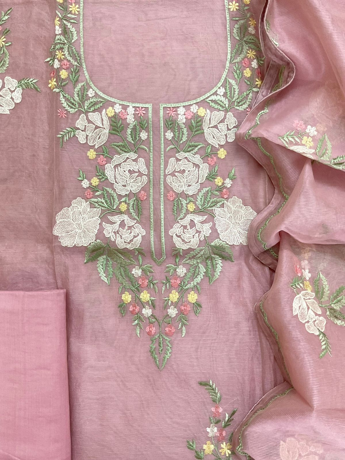Soft Fine Supernet Embroidered Suit - Pink