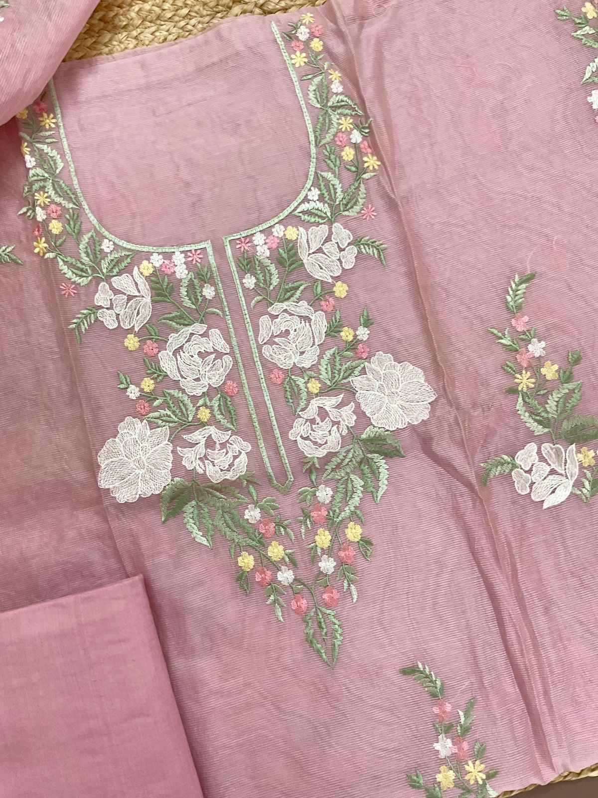 Soft Fine Supernet Embroidered Suit - Pink