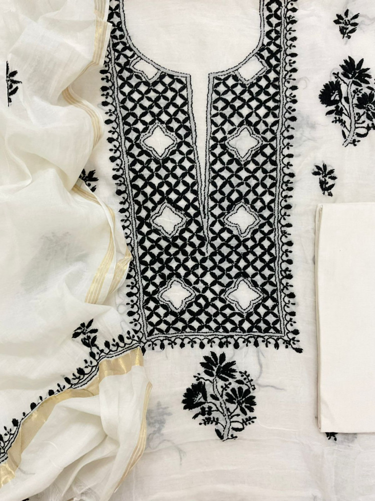 Image of Pure Chanderi Embroidered Suit - Offwhite