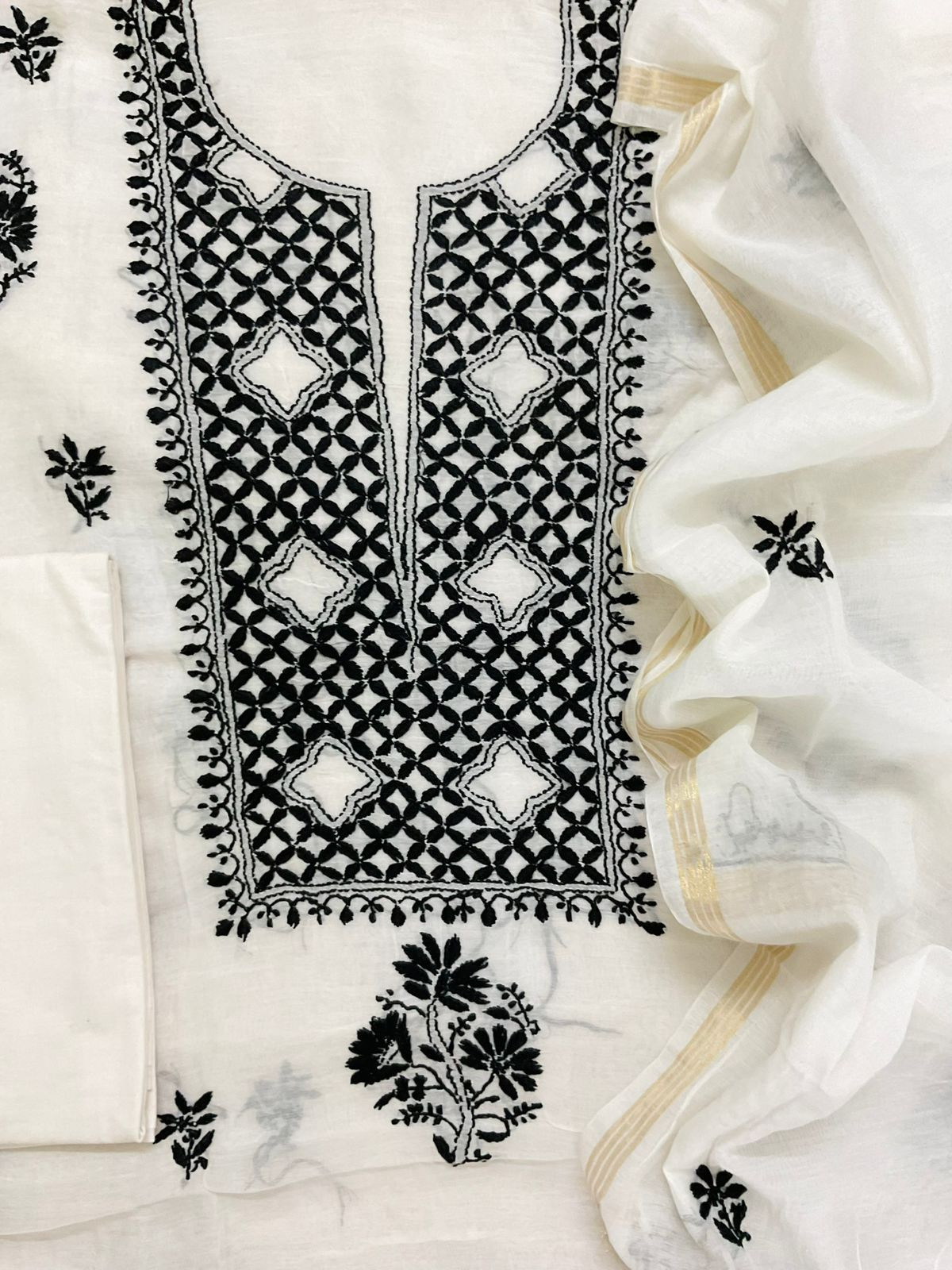Pure Chanderi Embroidered Suit - Offwhite