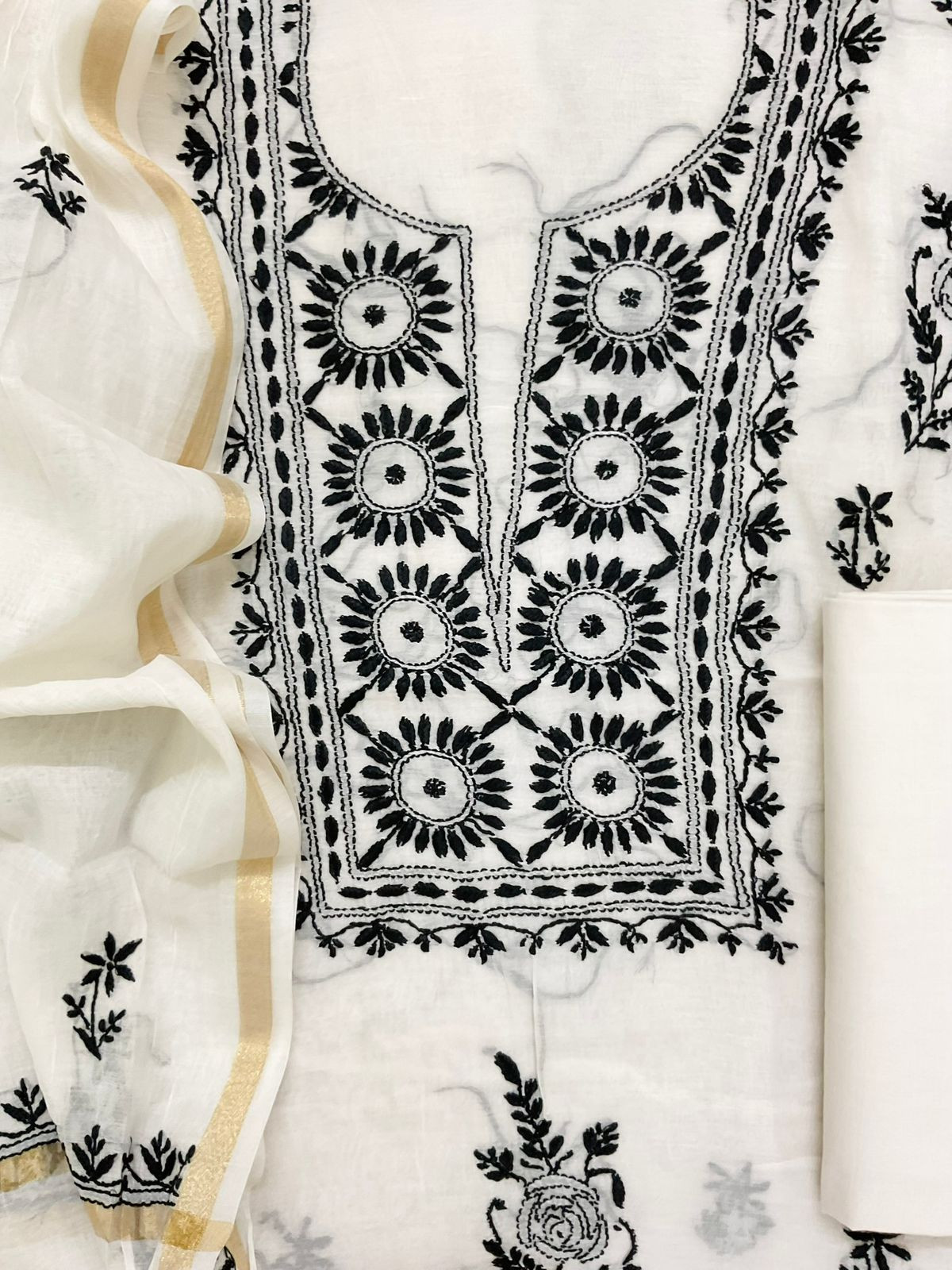 Pure Chanderi Embroidered Suit - Offwhite