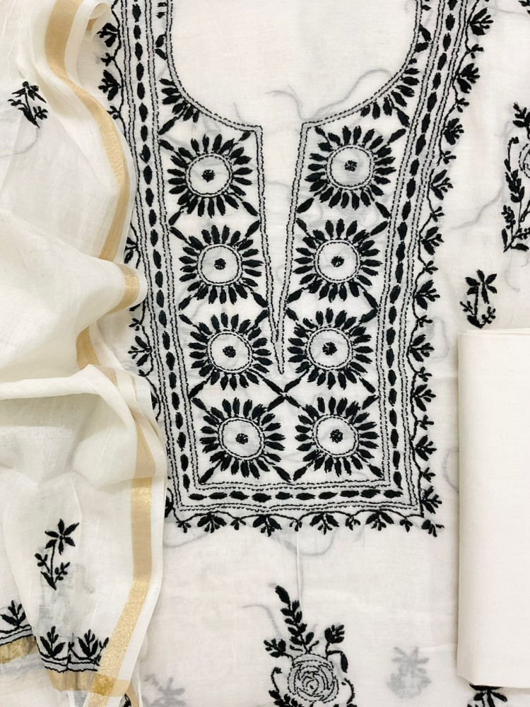 Image of Pure Chanderi Embroidered Suit - Offwhite