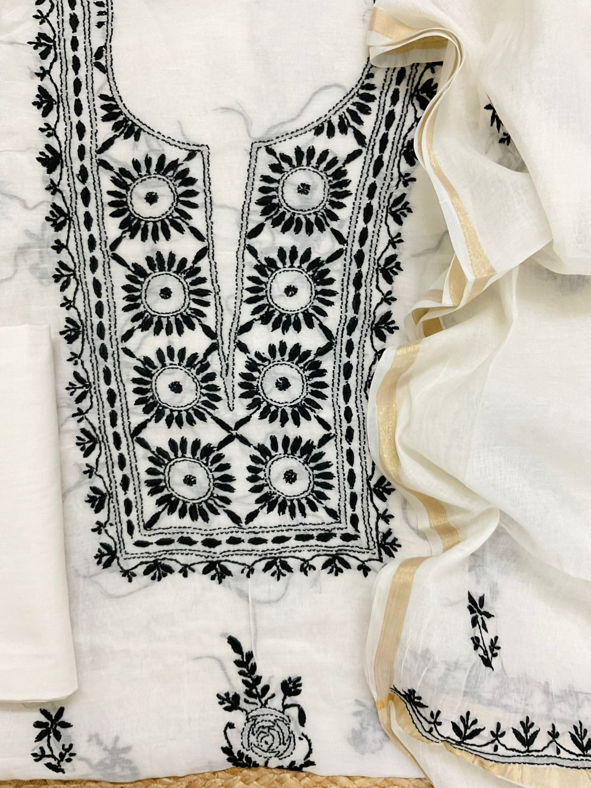 Pure Chanderi Embroidered Suit - Offwhite