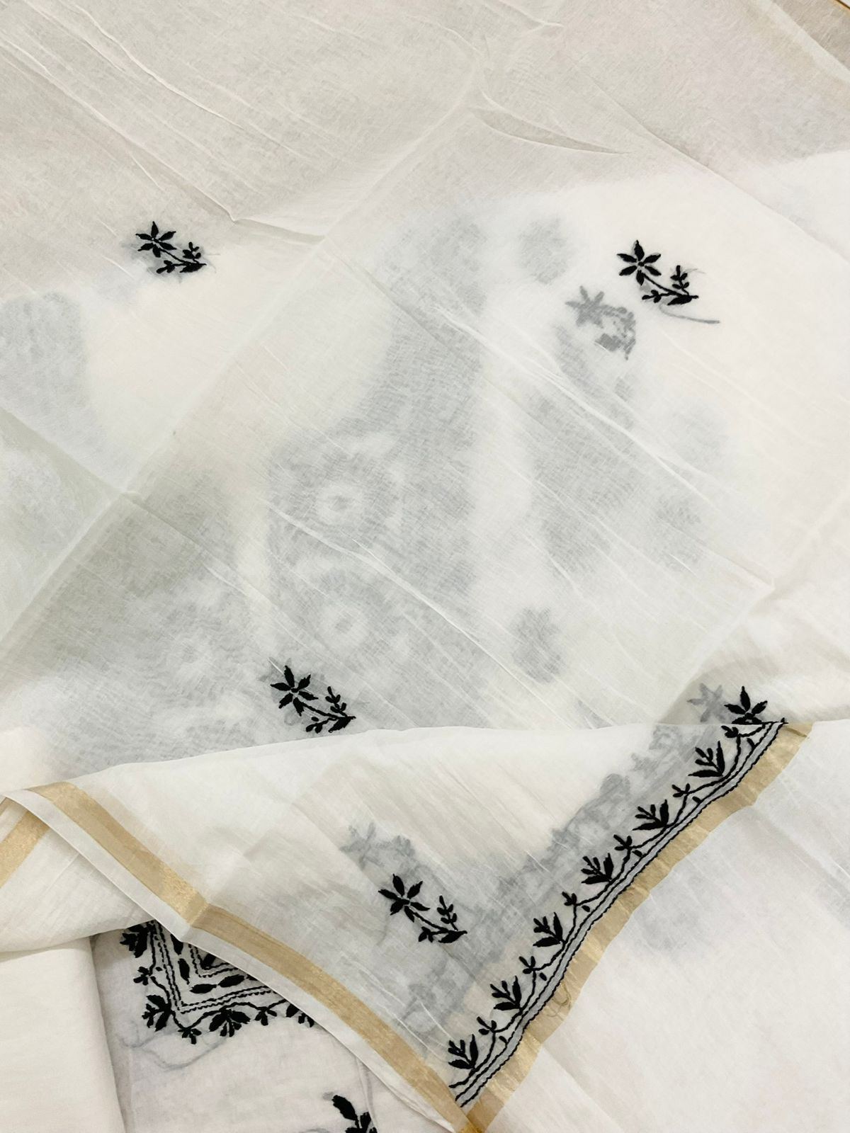 Pure Chanderi Embroidered Suit - Offwhite
