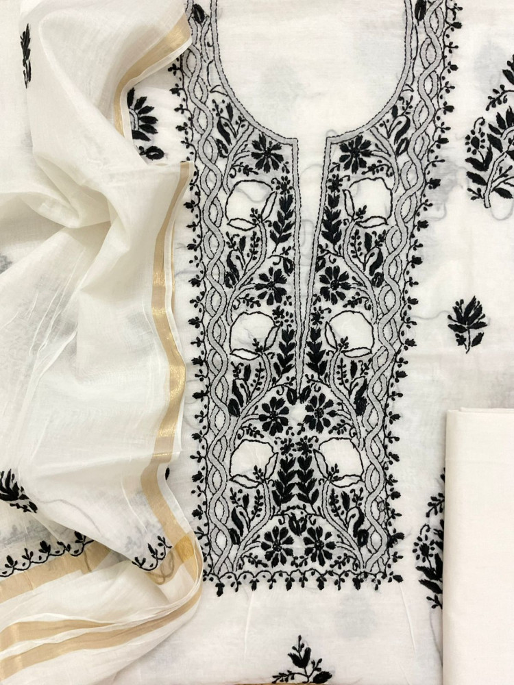 Image of Pure Chanderi Embroidered Suit - Offwhite