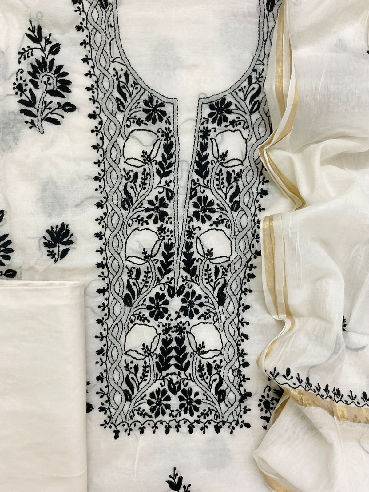 Pure Chanderi Embroidered Suit - Offwhite