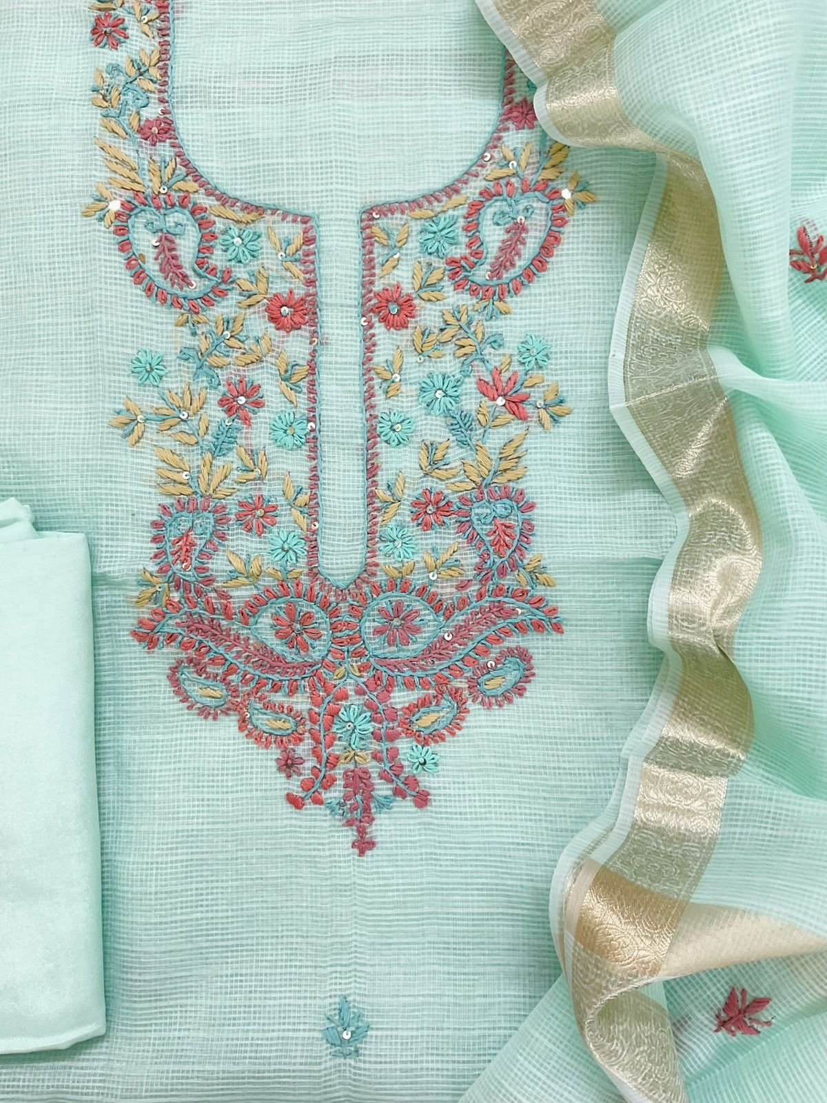 Soft Kota Organza Embroidered Suit - Blue