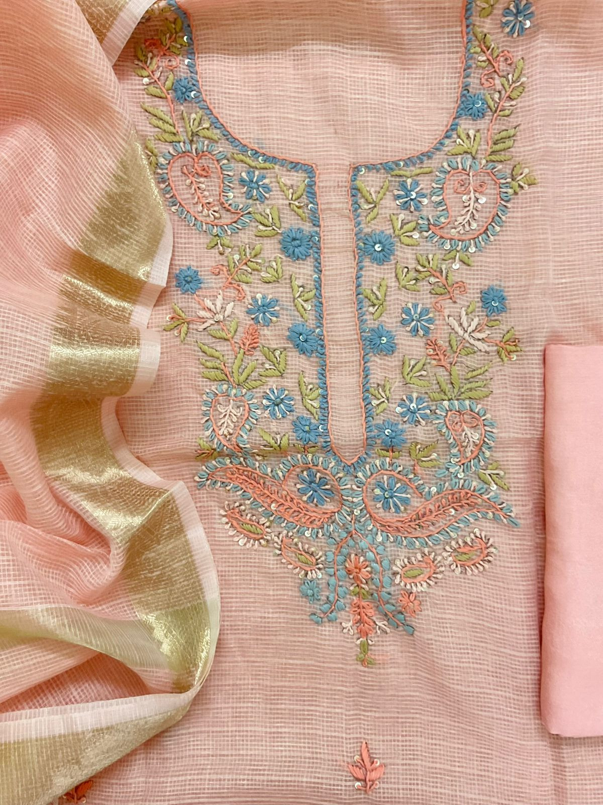 Soft Kota Organza Embroidered Suit - Peach