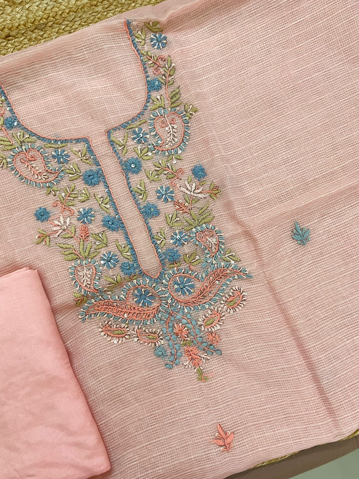 Soft Kota Organza Embroidered Suit - Peach