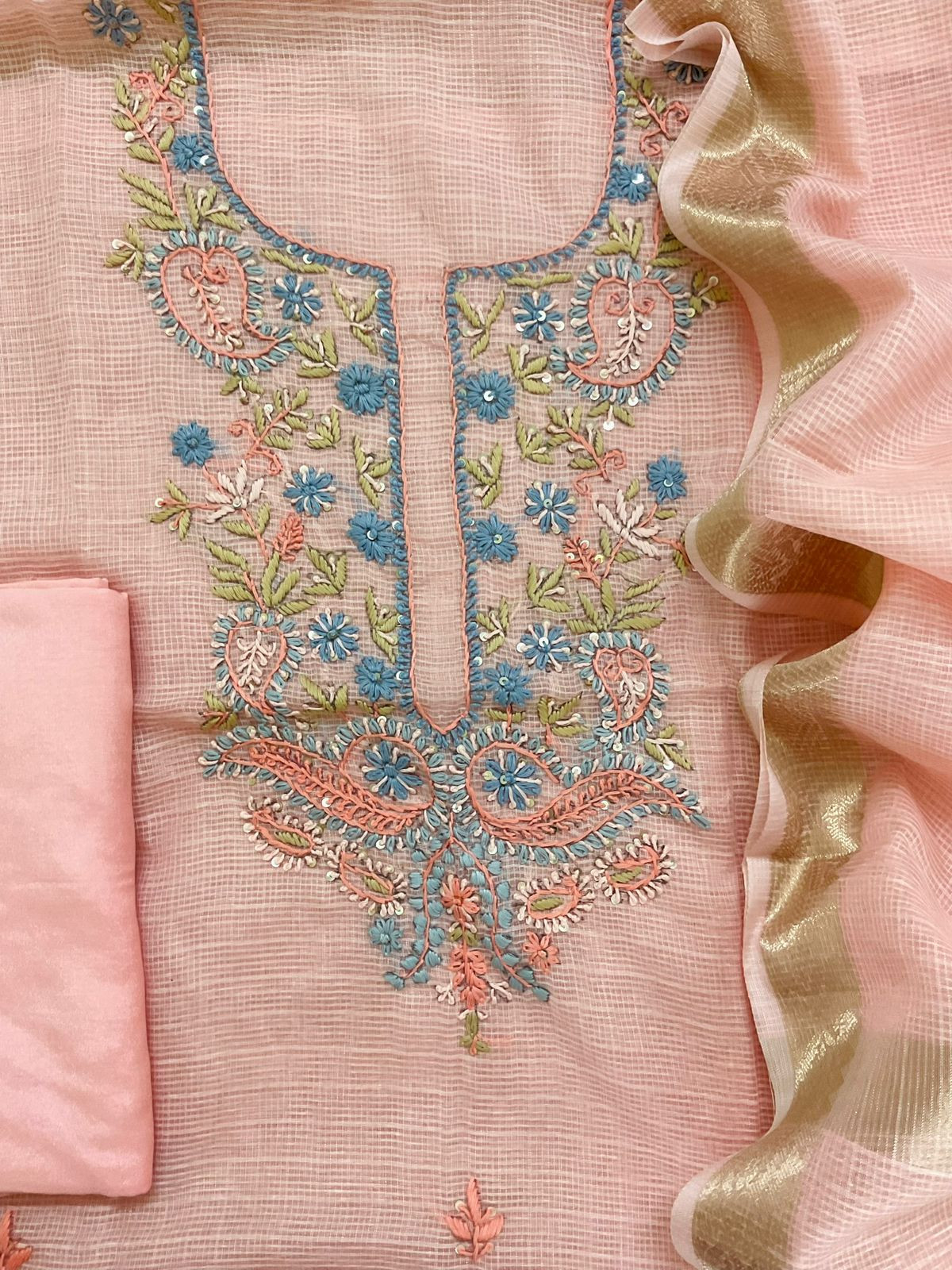 Soft Kota Organza Embroidered Suit - Peach