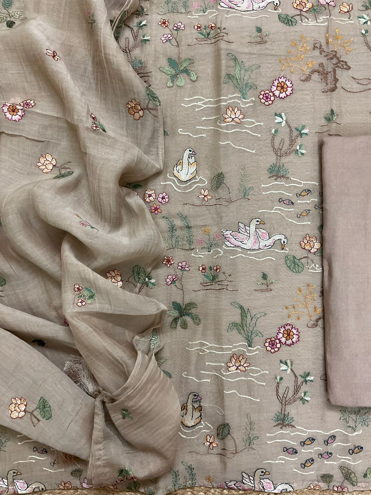 Pure Mul Chanderi Embroidered Suit - Beige