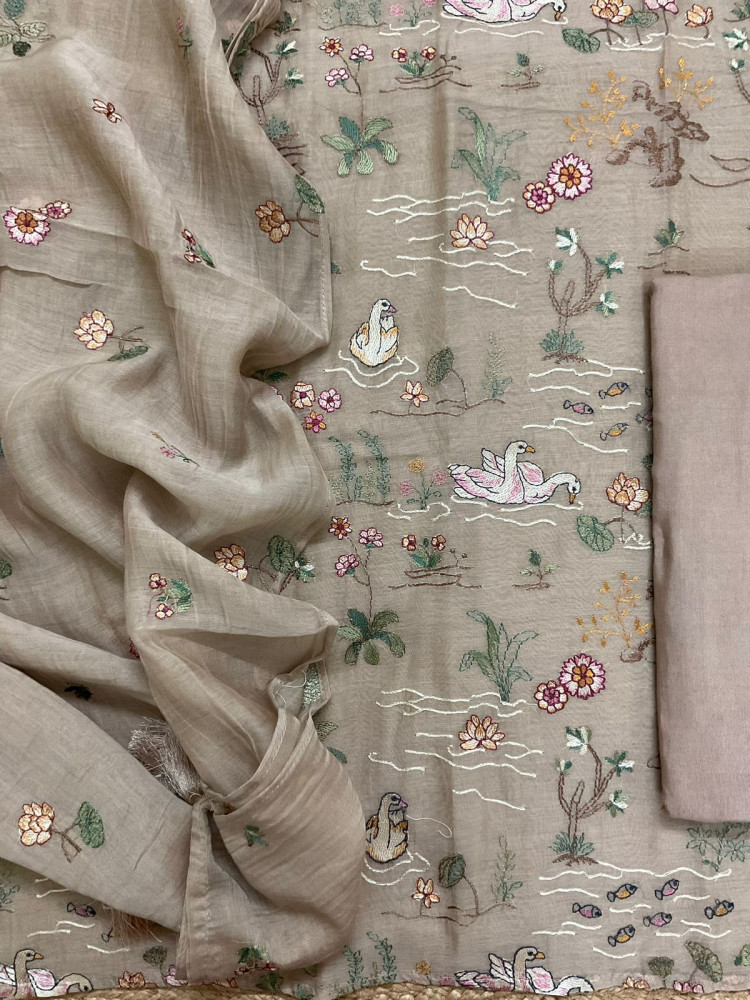 Image of Pure Mul Chanderi Embroidered Suit - Beige