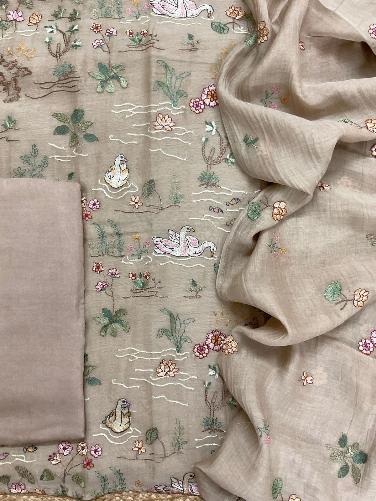 Pure Mul Chanderi Embroidered Suit - Beige