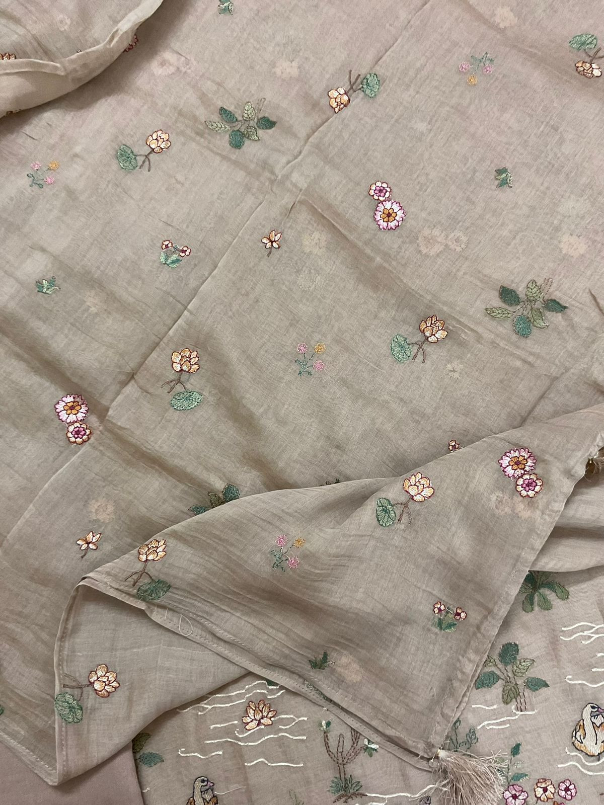Pure Mul Chanderi Embroidered Suit - Beige