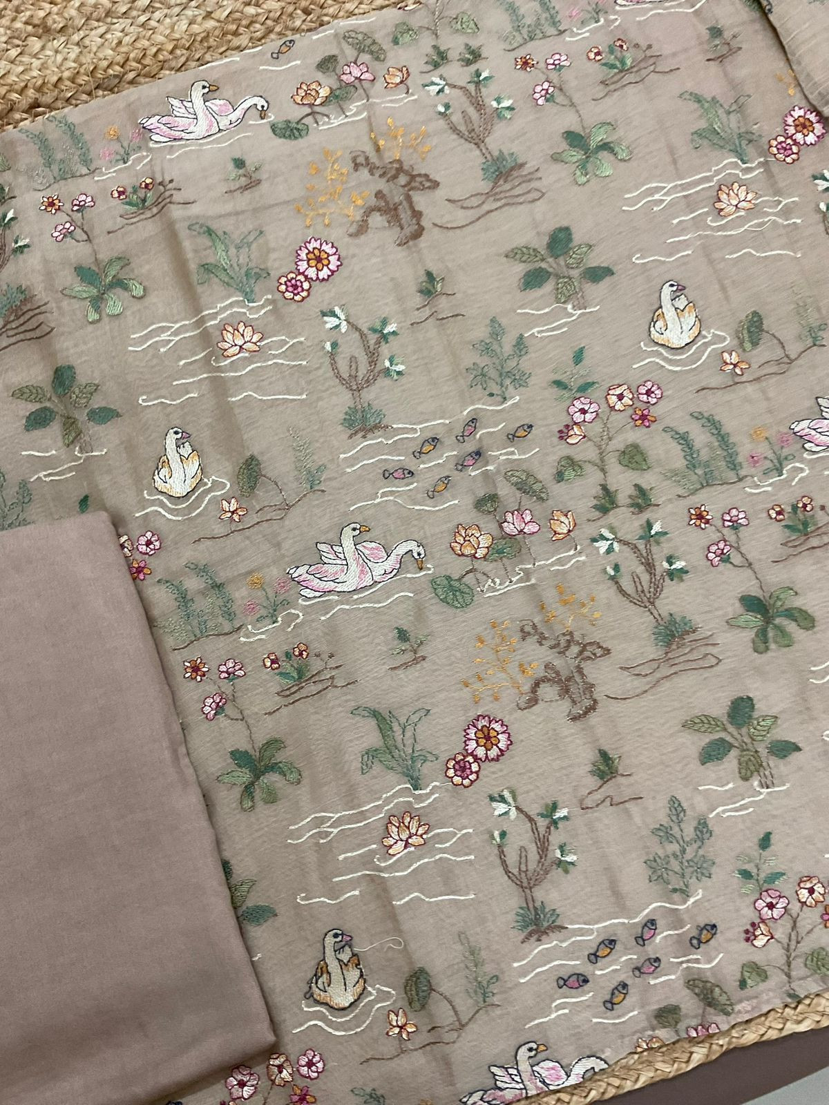 Pure Mul Chanderi Embroidered Suit - Beige