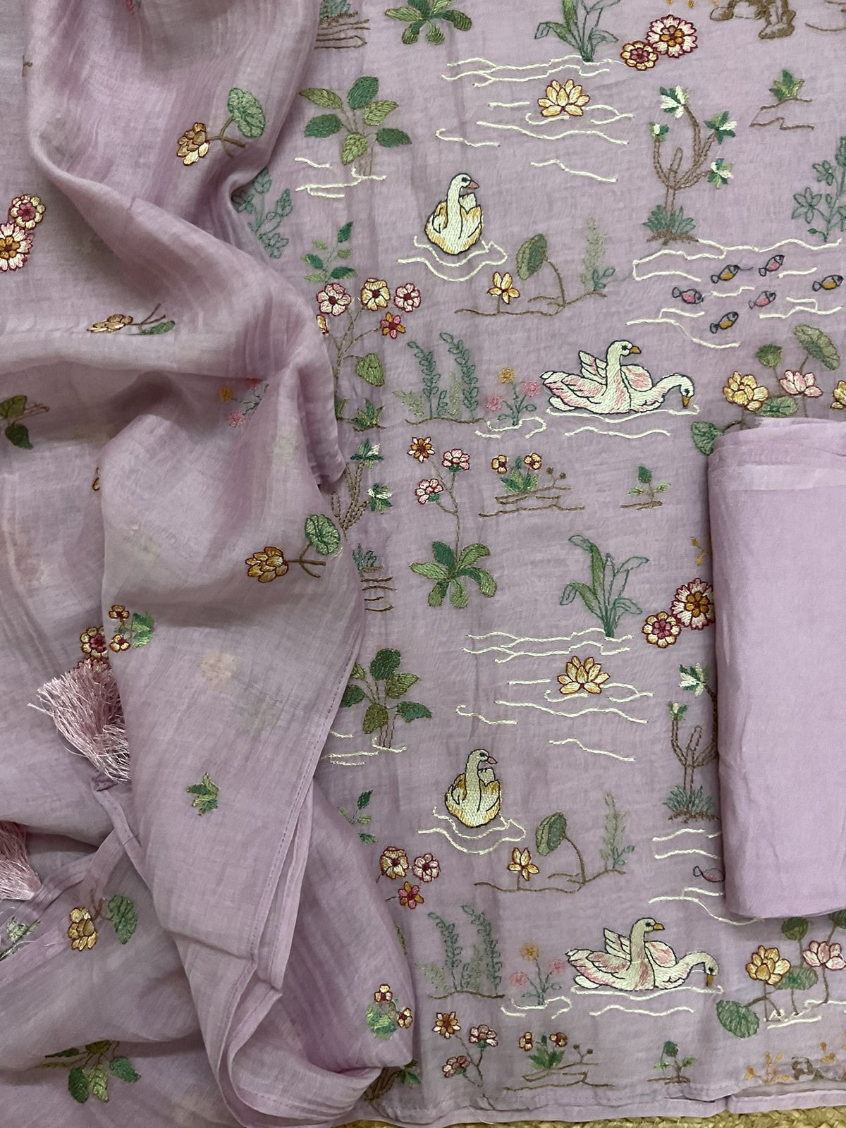 Pure Mul Chanderi Embroidered Suit - Lavender