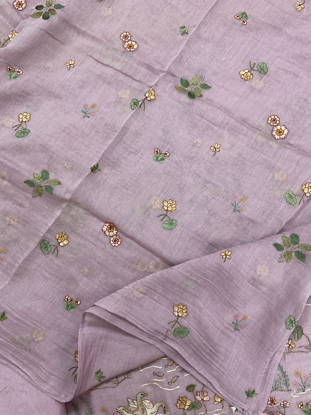 Pure Mul Chanderi Embroidered Suit - Lavender