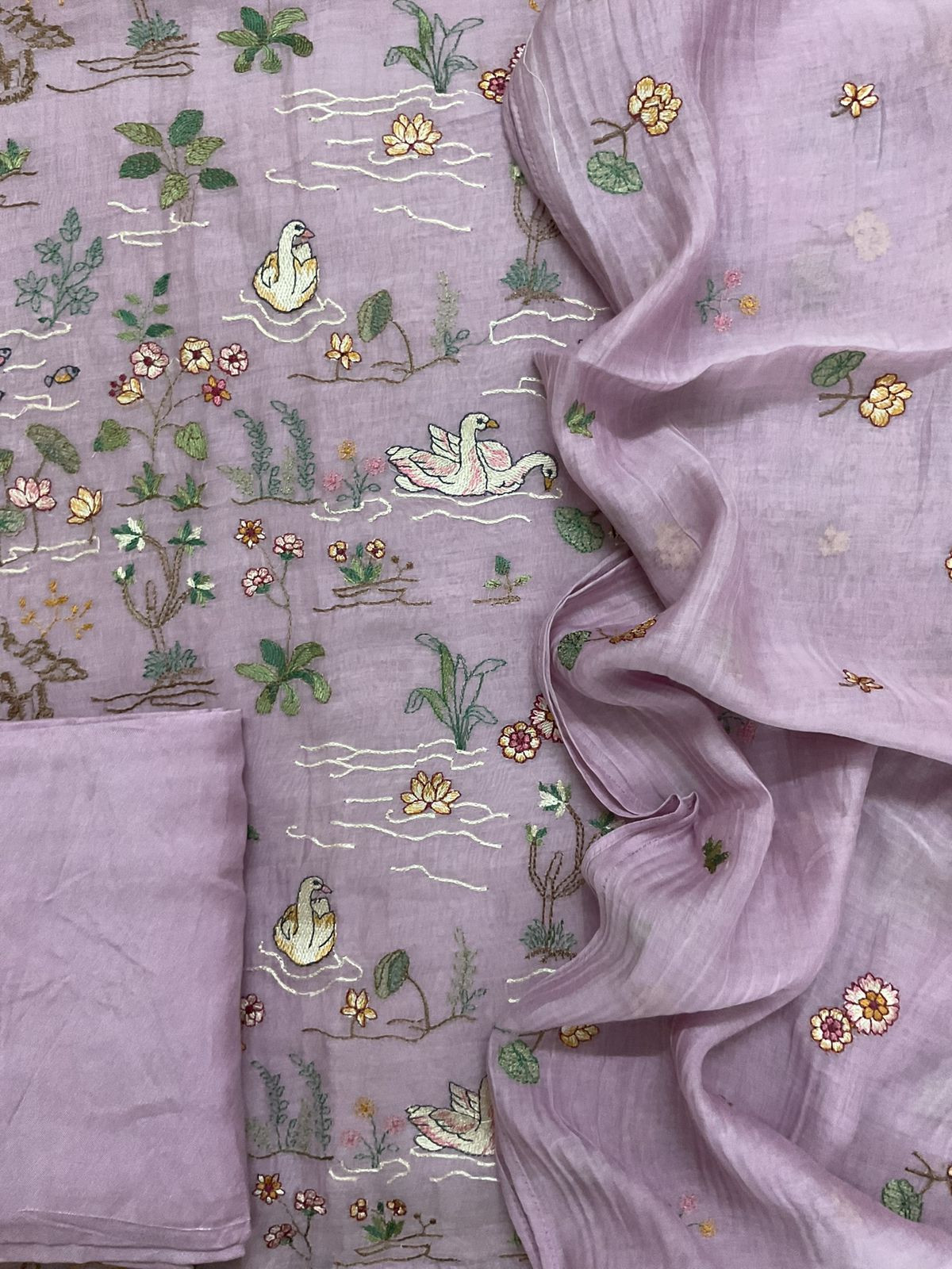 Pure Mul Chanderi Embroidered Suit - Lavender