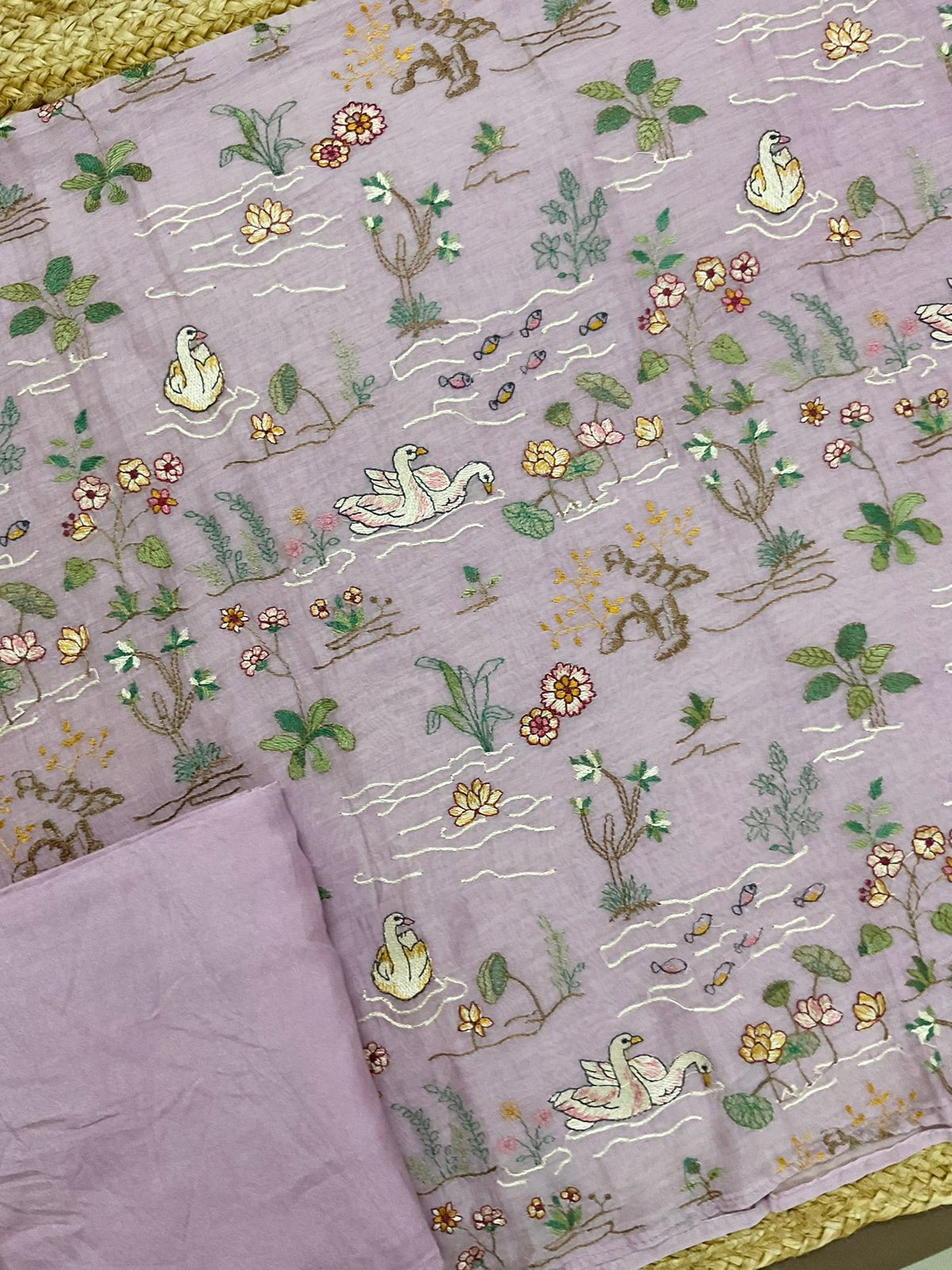 Pure Mul Chanderi Embroidered Suit - Lavender