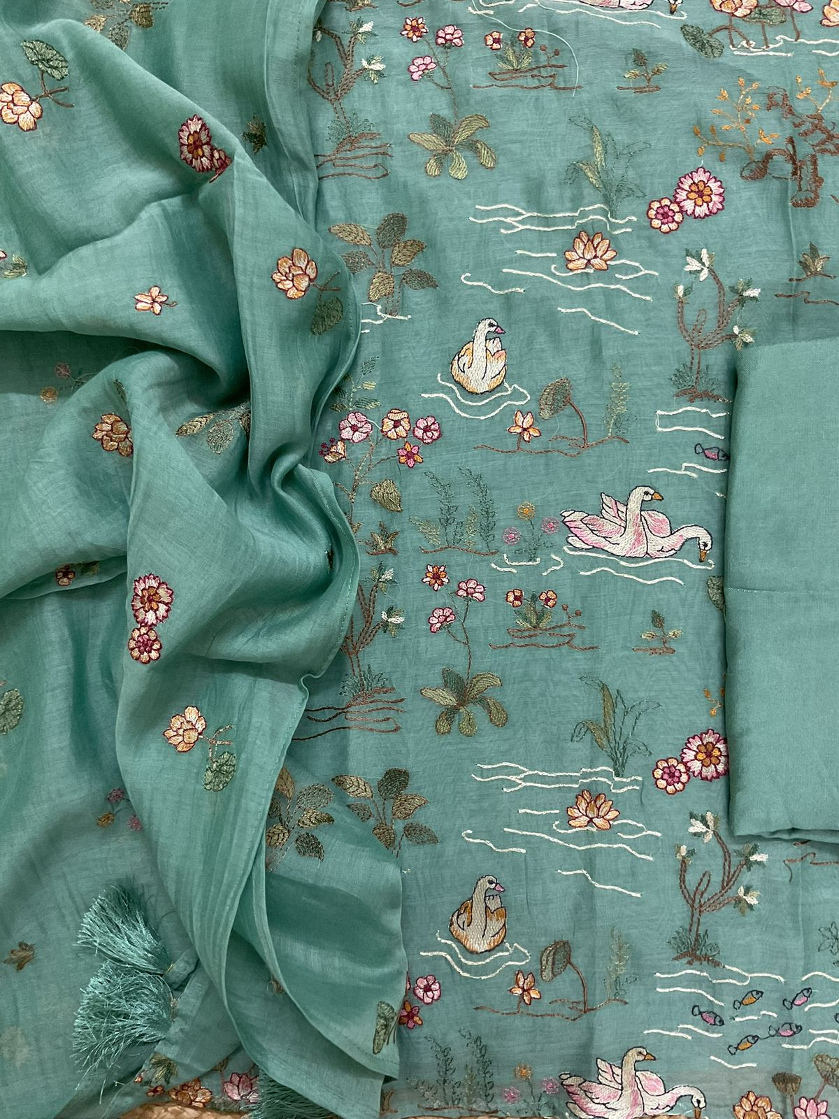 Pure Mul Chanderi Embroidered Suit - Blue