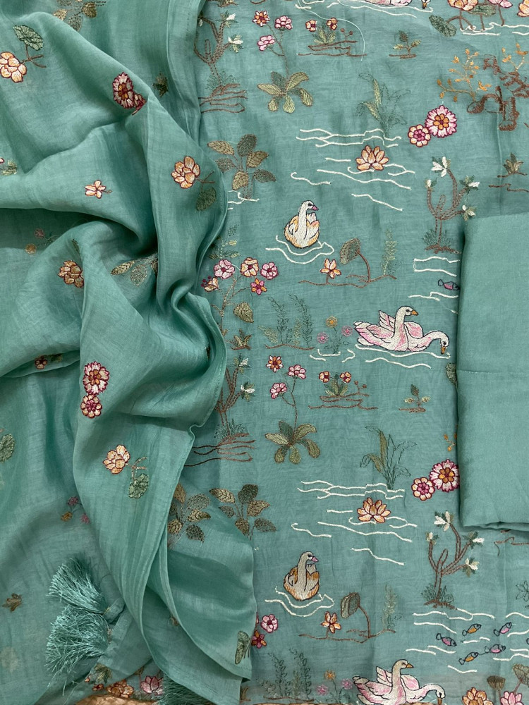 Image of Pure Mul Chanderi Embroidered Suit - Blue