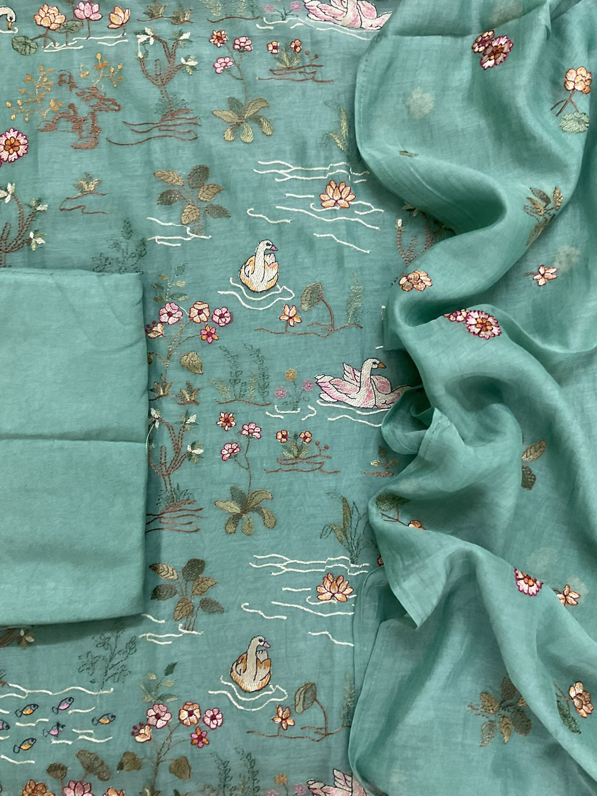 Pure Mul Chanderi Embroidered Suit - Blue