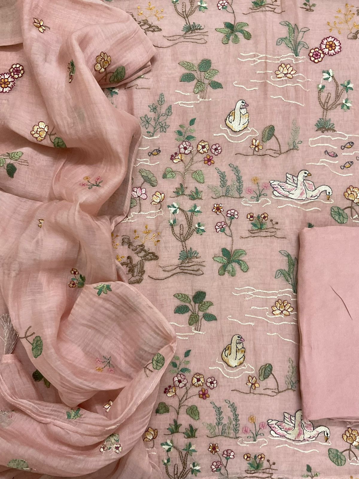 Pure Mul Chanderi Embroidered Suit - Peach