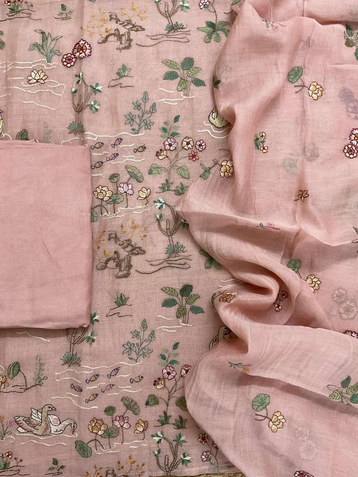 Pure Mul Chanderi Embroidered Suit - Peach