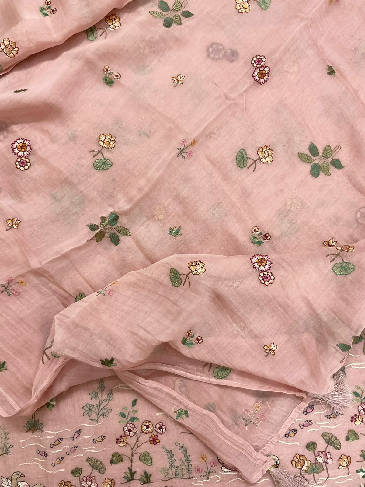 Pure Mul Chanderi Embroidered Suit - Peach