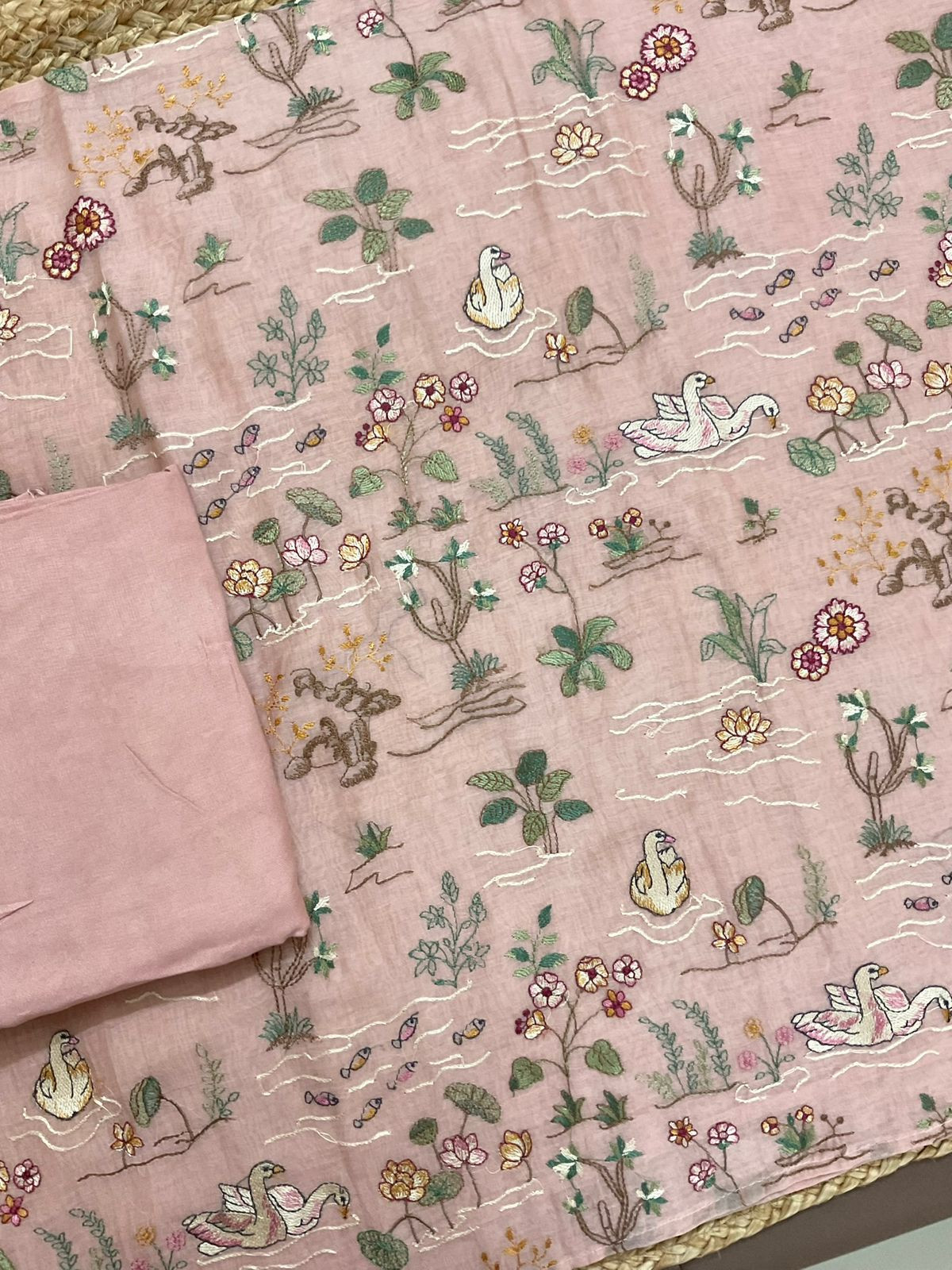Pure Mul Chanderi Embroidered Suit - Peach