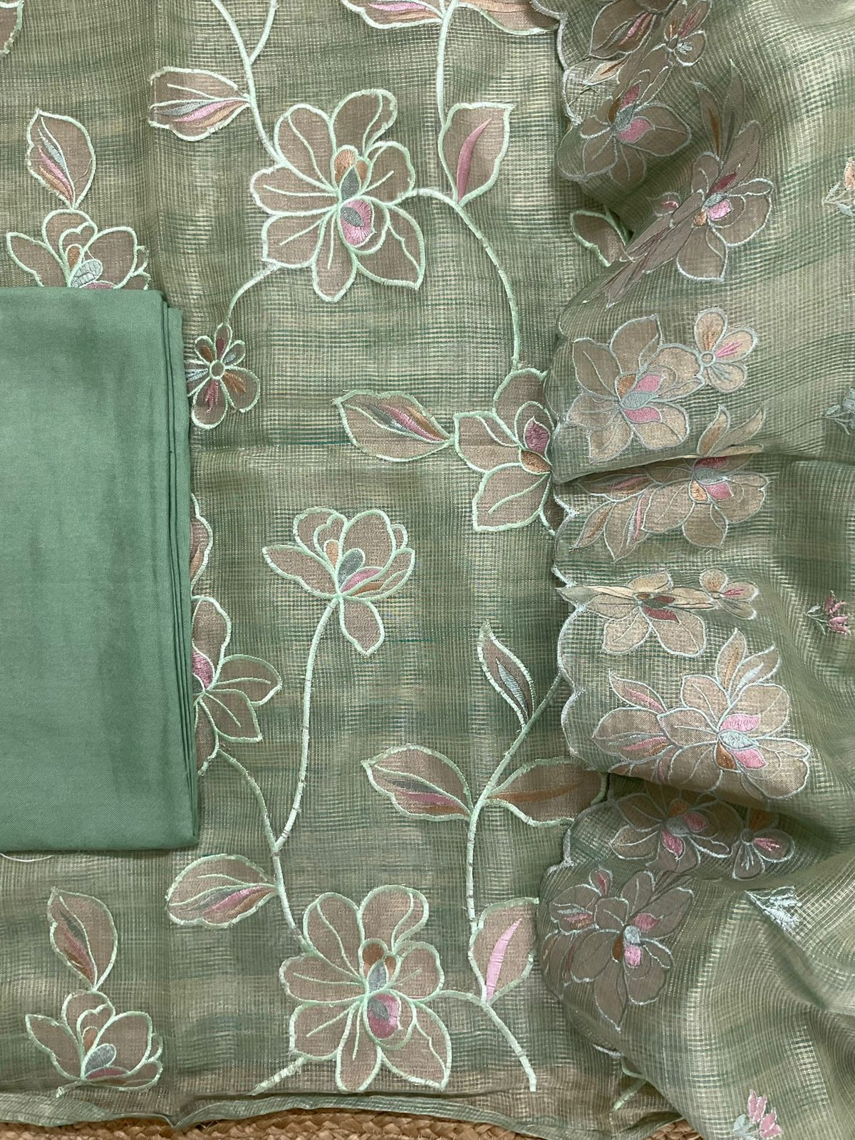 Soft Tissue Kota Silk Embroidered Suit - Green