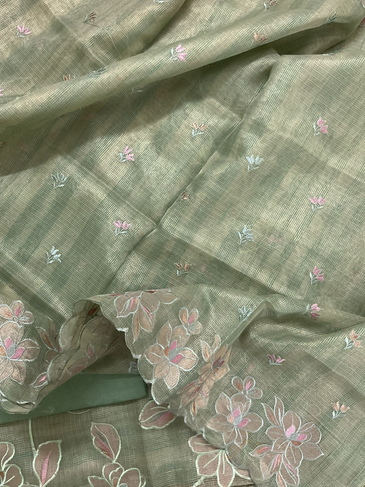 Soft Tissue Kota Silk Embroidered Suit - Green