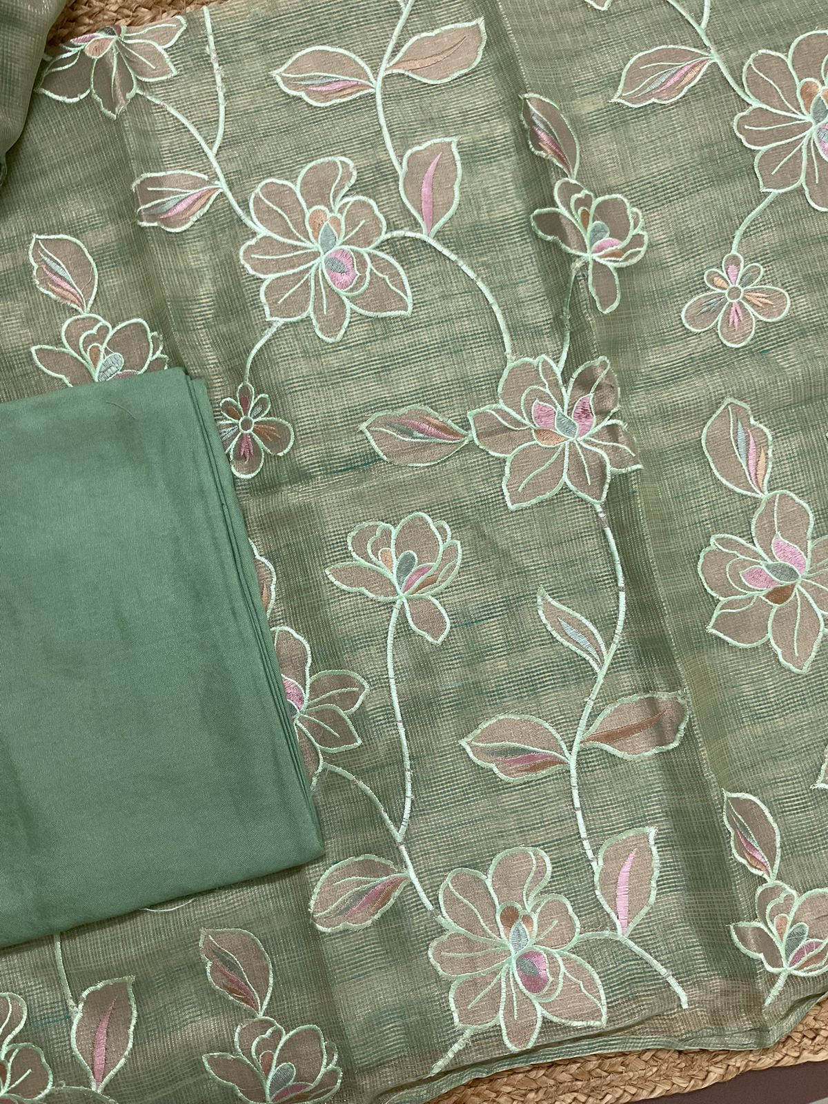 Soft Tissue Kota Silk Embroidered Suit - Green
