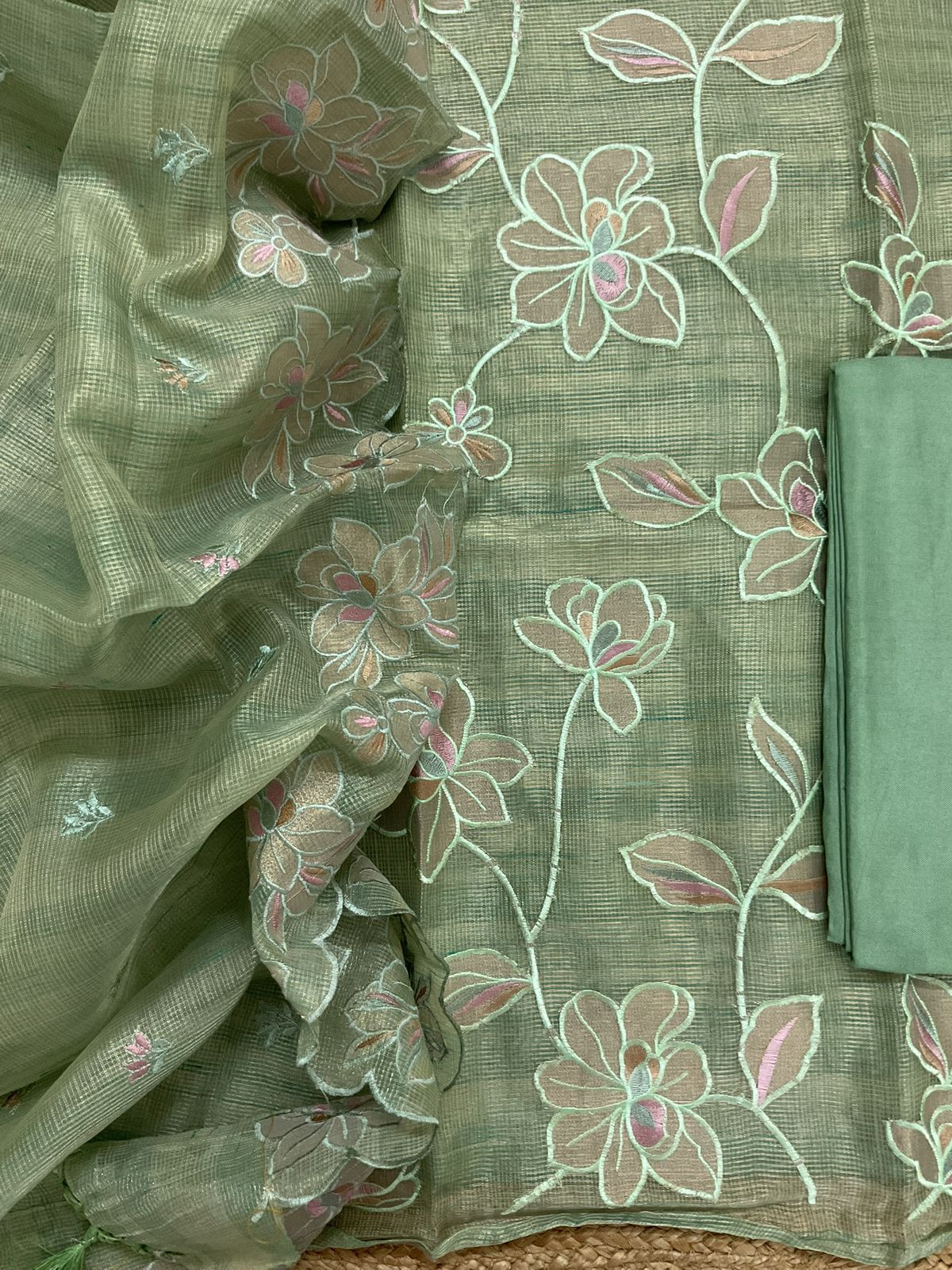 Soft Tissue Kota Silk Embroidered Suit - Green