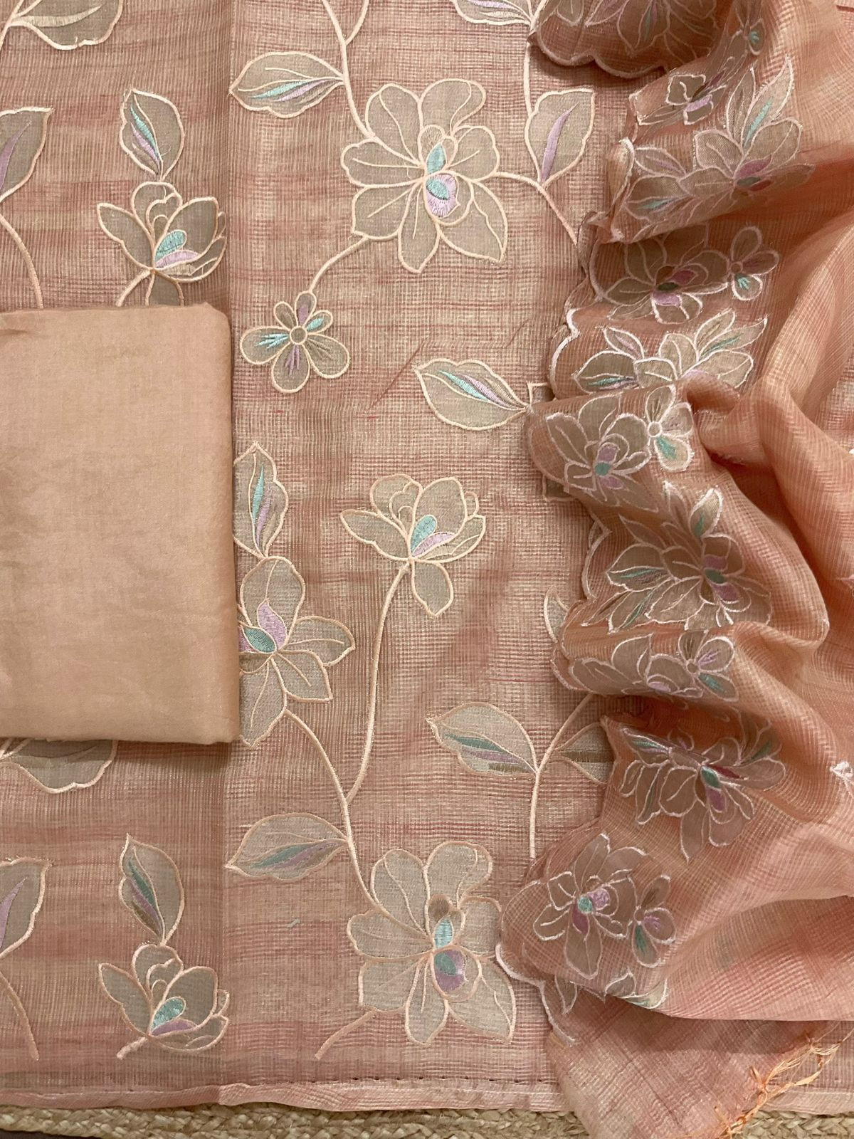 Soft Tissue Kota Silk Embroidered Suit - Peach