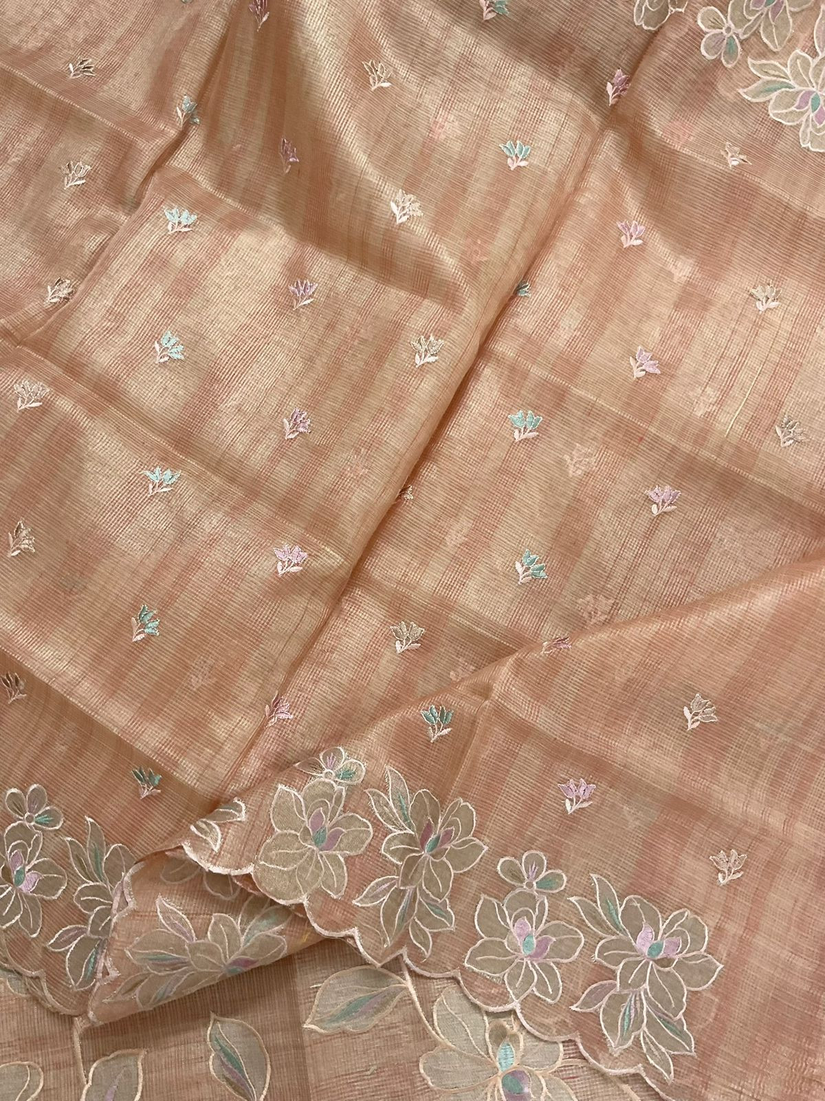 Soft Tissue Kota Silk Embroidered Suit - Peach