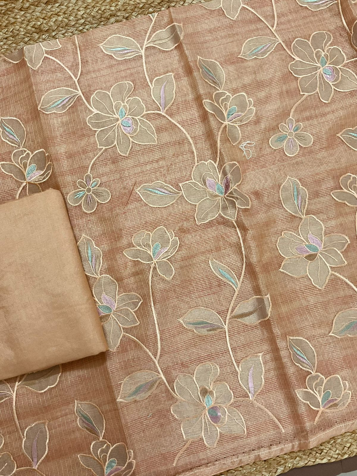 Soft Tissue Kota Silk Embroidered Suit - Peach