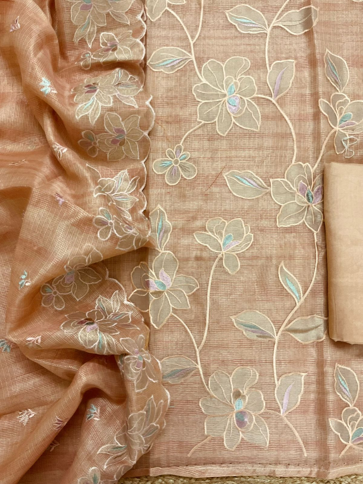 Soft Tissue Kota Silk Embroidered Suit - Peach