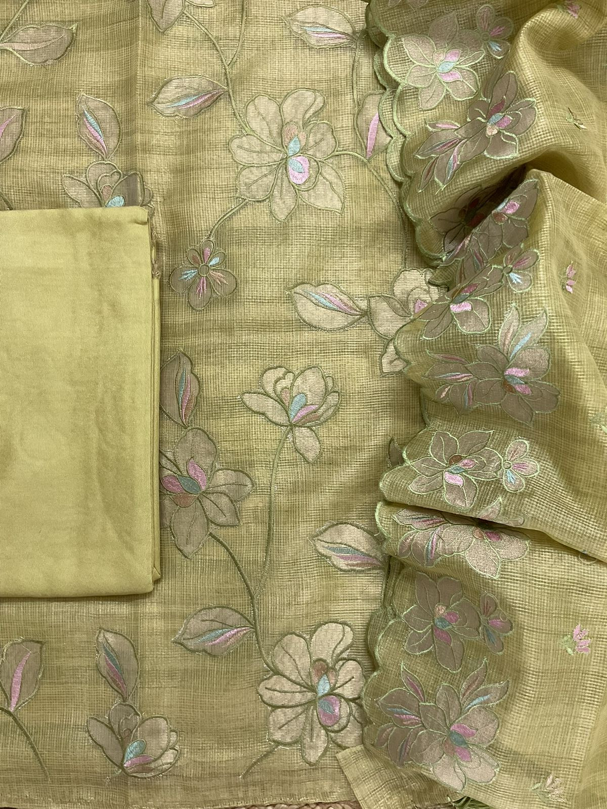 Soft Tissue Kota Silk Embroidered Suit - Green