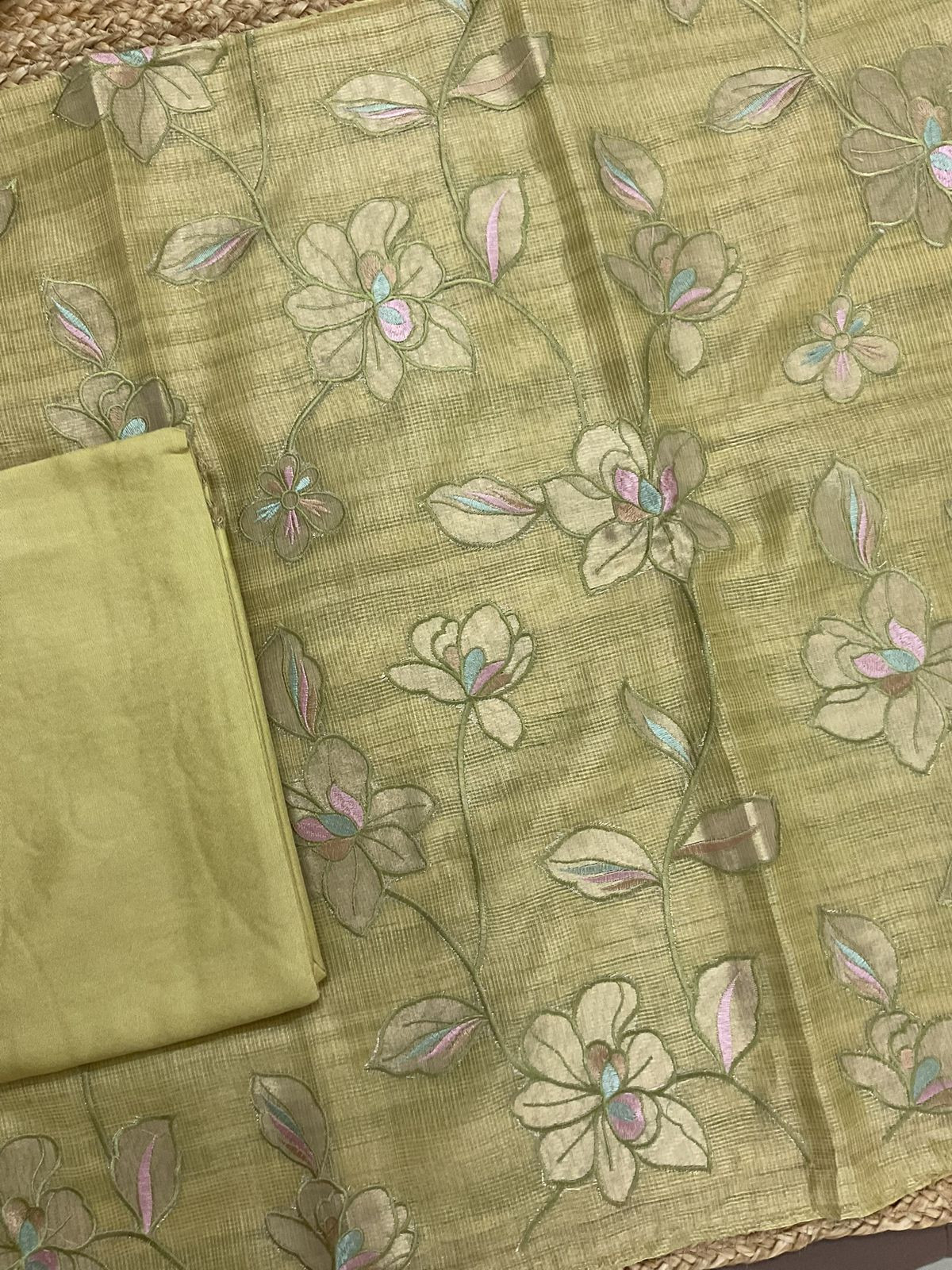 Soft Tissue Kota Silk Embroidered Suit - Green