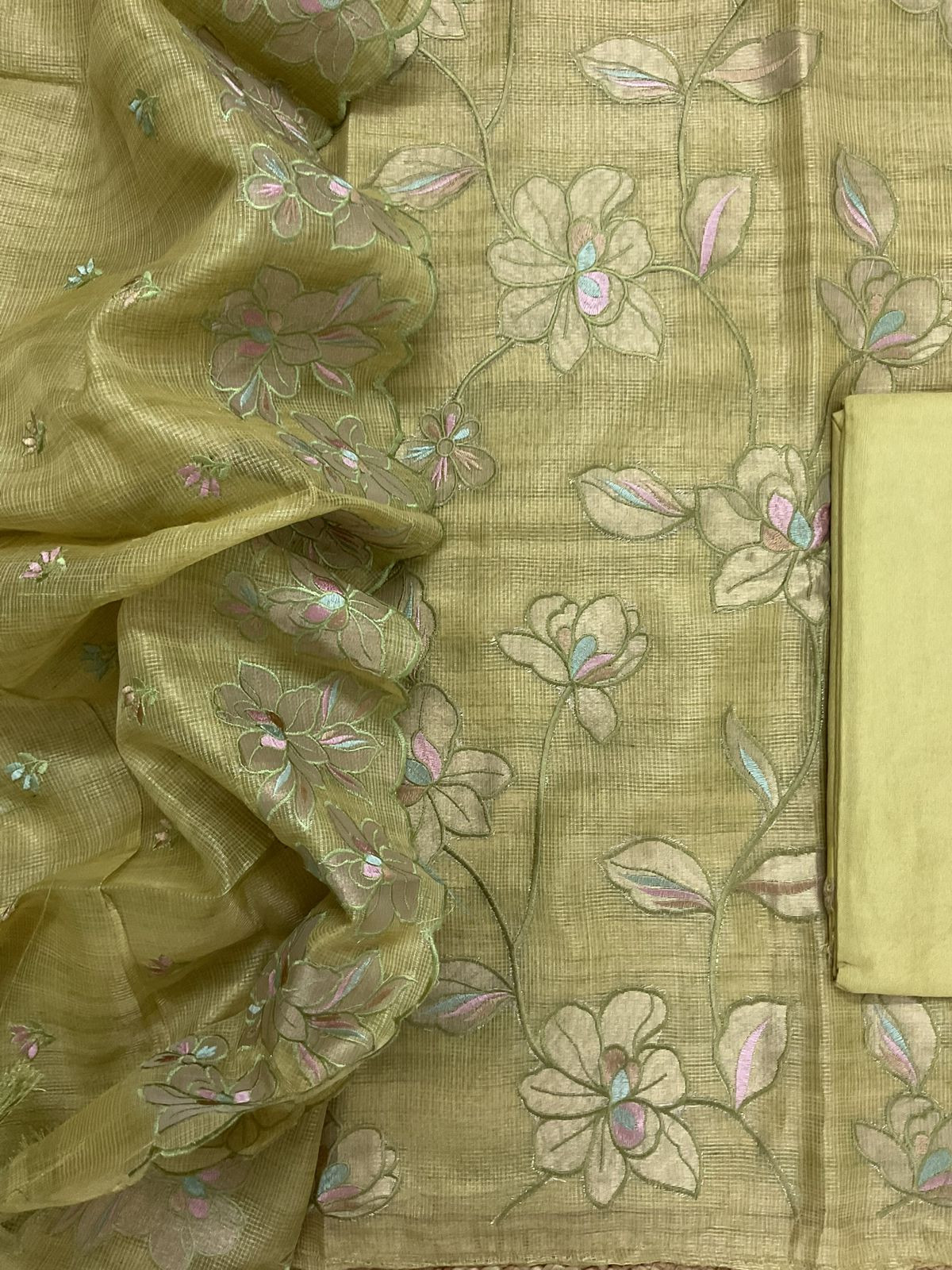 Soft Tissue Kota Silk Embroidered Suit - Green