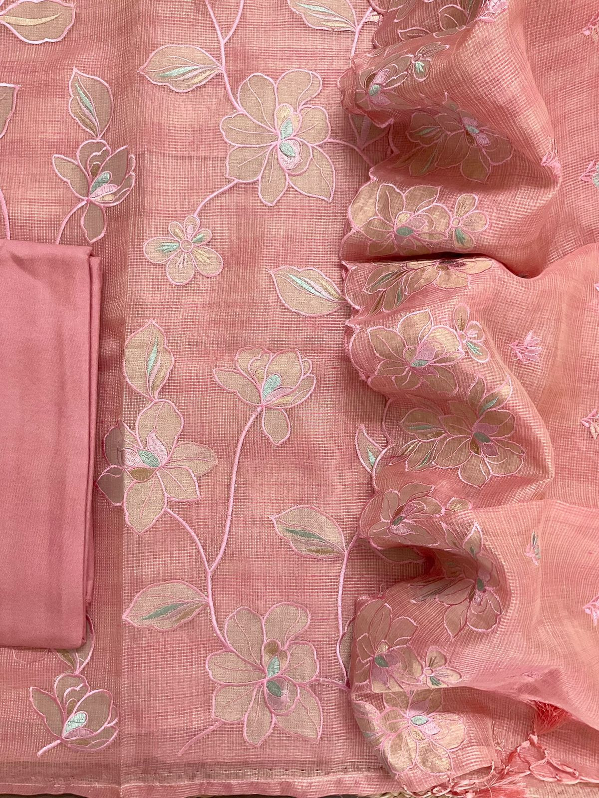 Soft Tissue Kota Silk Embroidered Suit - Pink