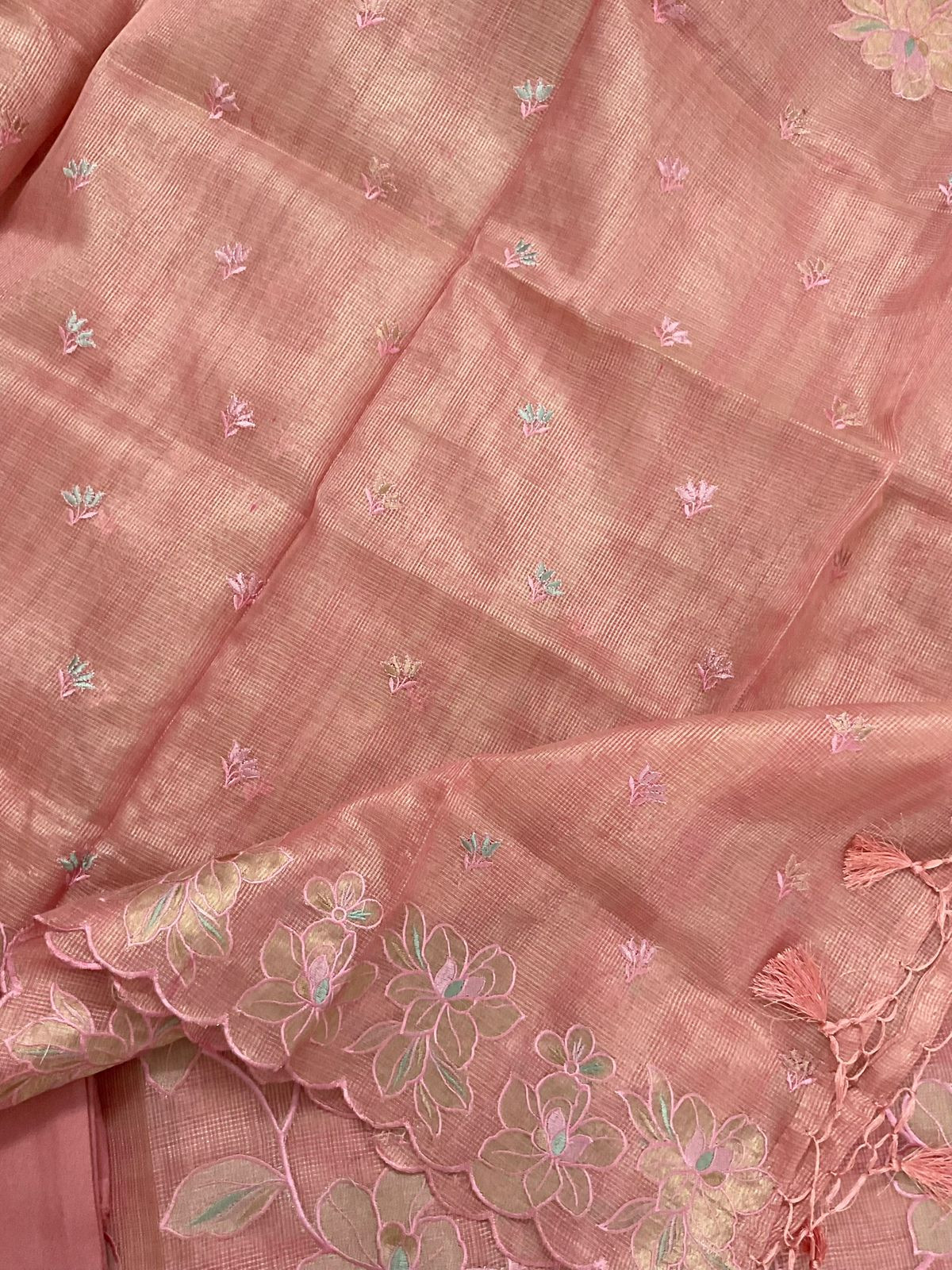 Soft Tissue Kota Silk Embroidered Suit - Pink