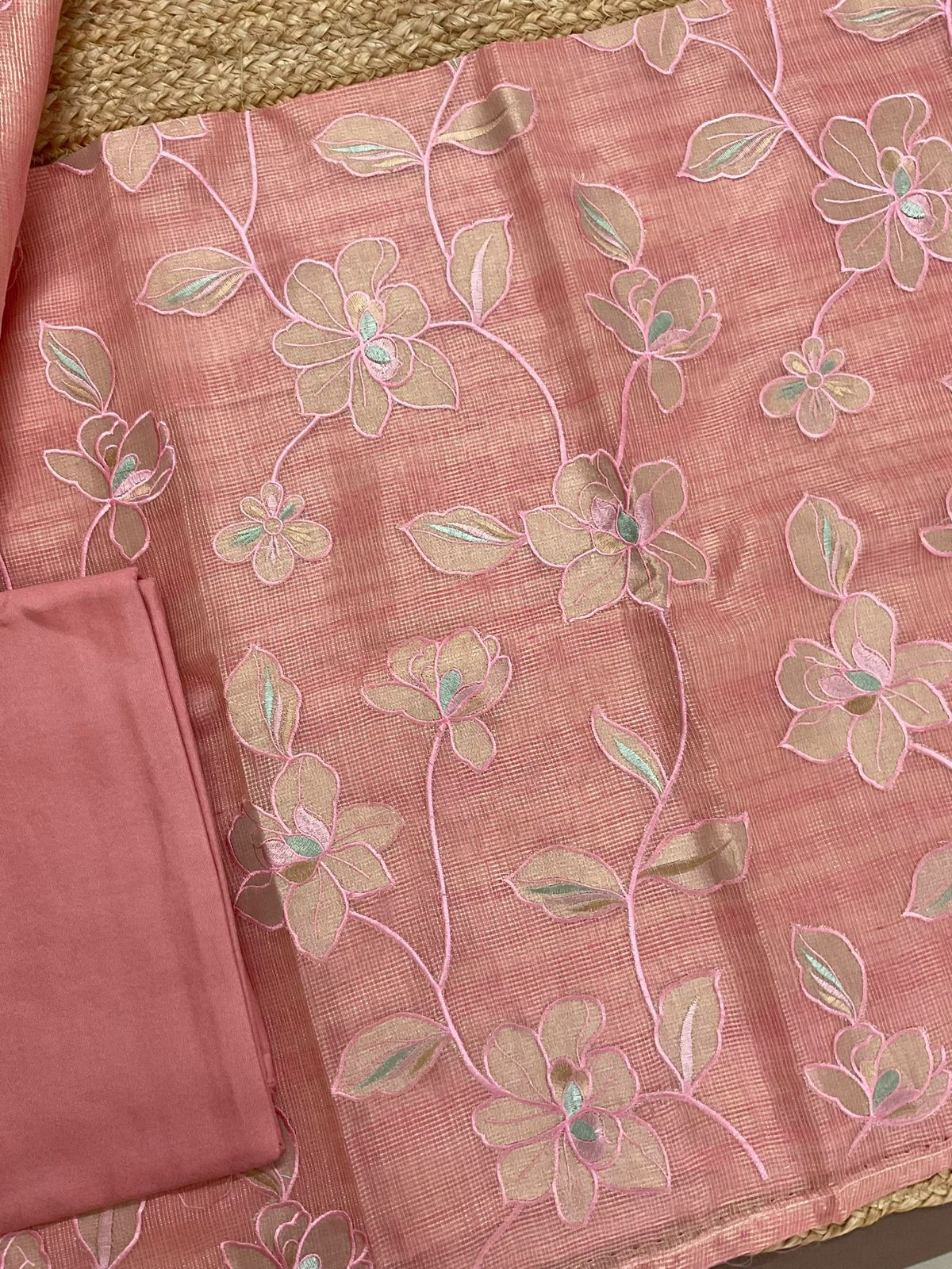 Soft Tissue Kota Silk Embroidered Suit - Pink